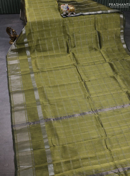 Mangalgiri silk cotton saree mehendi green and pink shade with allover silver zari checked pattern and long rettapet silver zari woven border