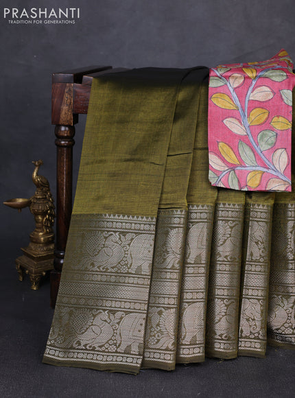 Mangalgiri silk cotton saree olive green and pink shade with plain body and long silver zari woven border