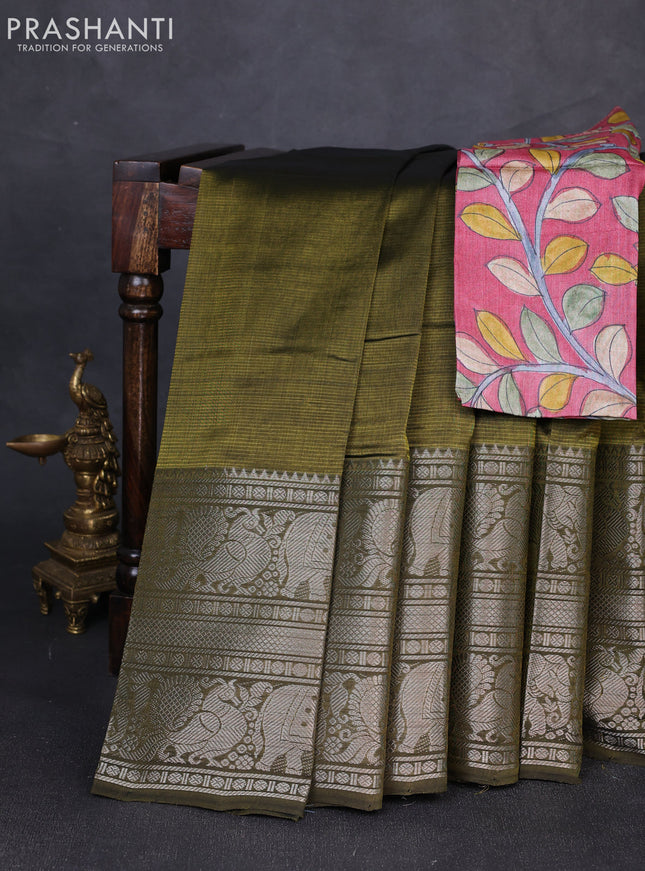 Mangalgiri silk cotton saree olive green and pink shade with plain body and long silver zari woven border