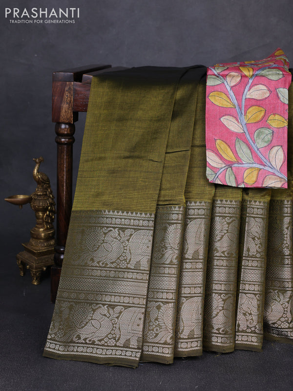 Mangalgiri silk cotton saree olive green and pink shade with plain body and long silver zari woven border