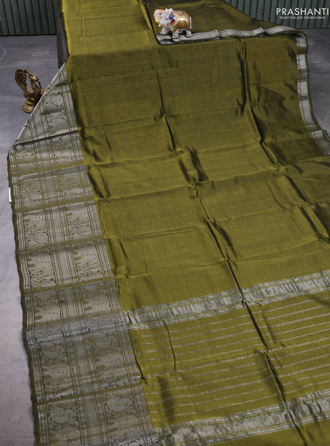 Mangalgiri silk cotton saree olive green and pink shade with plain body and long silver zari woven border