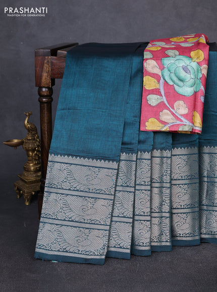 Mangalgiri silk cotton saree peacock green and maroon shade with plain body and long annam silver zari woven border