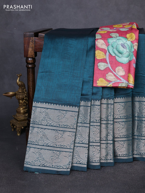 Mangalgiri silk cotton saree peacock green and maroon shade with plain body and long annam silver zari woven border