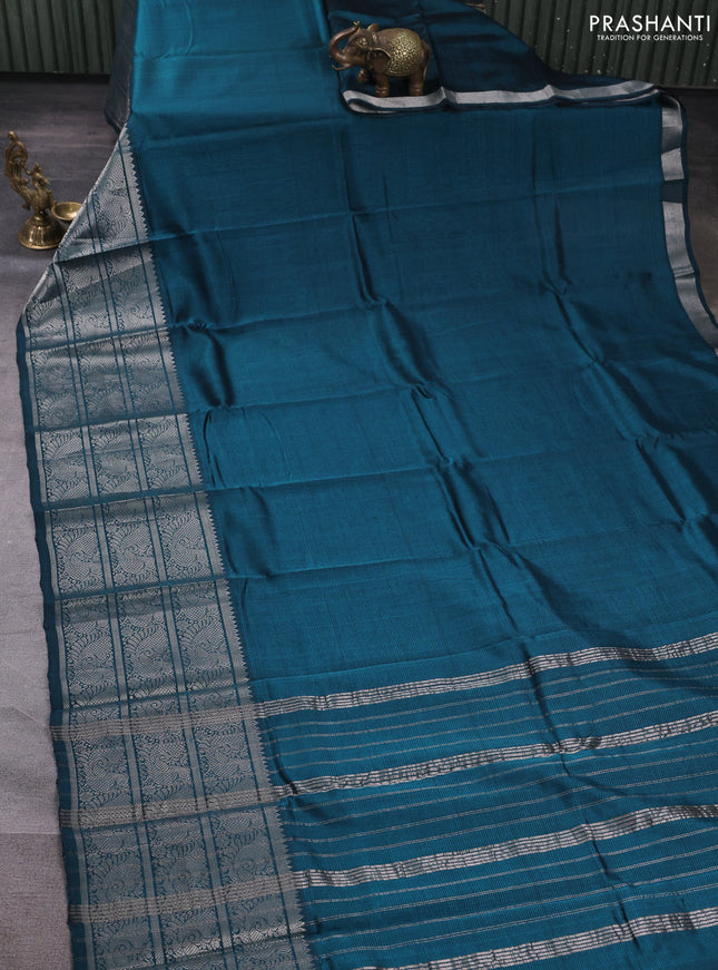 Mangalgiri silk cotton saree peacock green and maroon shade with plain body and long annam silver zari woven border