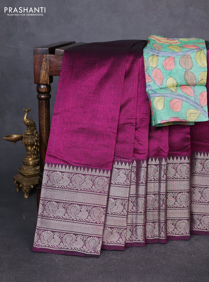 Mangalgiri silk cotton saree dark magenta pink and green with plain body and long annam silver zari woven border