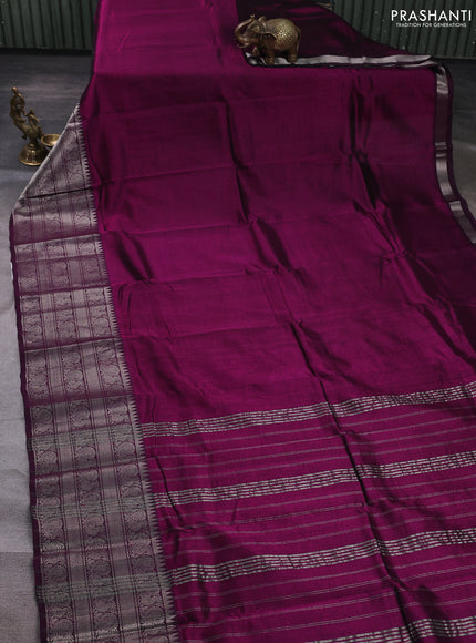 Mangalgiri silk cotton saree dark magenta pink and green with plain body and long annam silver zari woven border