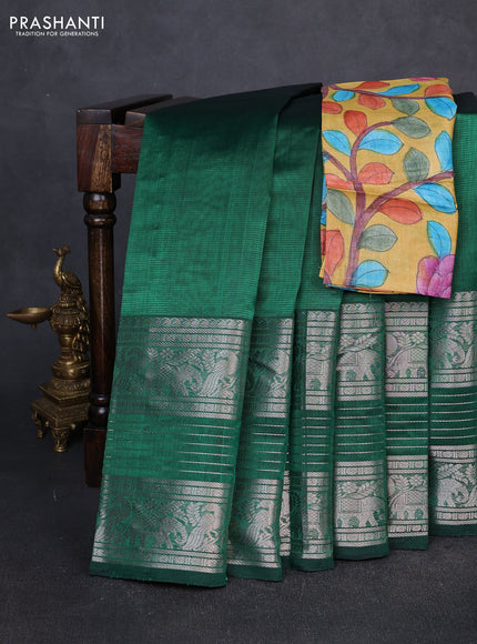 Mangalgiri silk cotton saree green and mustard yellow with plain body and long silver zari woven border