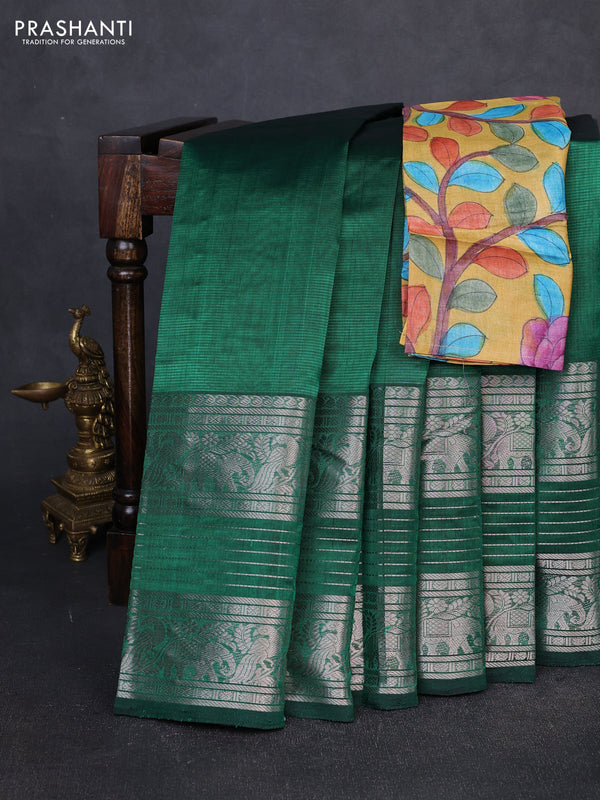 Mangalgiri silk cotton saree green and mustard yellow with plain body and long silver zari woven border