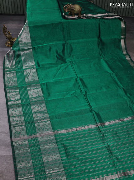 Mangalgiri silk cotton saree green and mustard yellow with plain body and long silver zari woven border