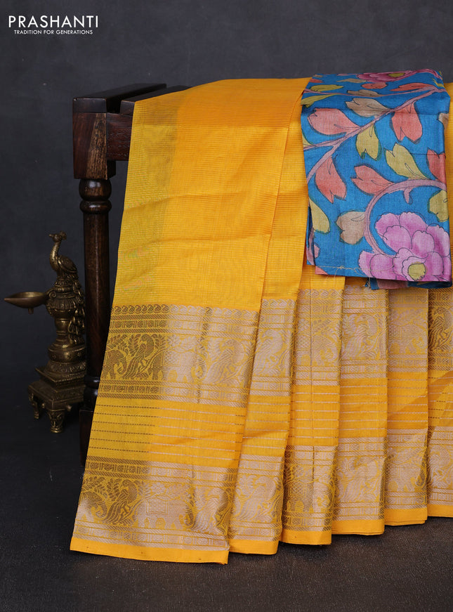 Mangalgiri silk cotton saree mustard yellow and blue with plain body and long silver zari woven border