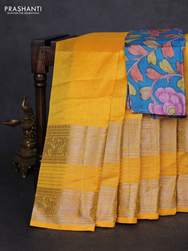 Mangalgiri silk cotton saree mustard yellow and blue with plain body and long silver zari woven border