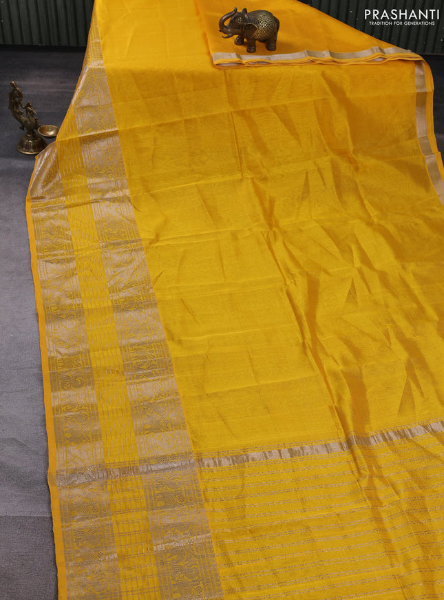 Mangalgiri silk cotton saree mustard yellow and blue with plain body and long silver zari woven border