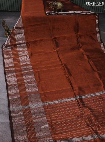 Mangalgiri silk cotton saree rust shade and mustard yellow with plain body and long silver zari woven border