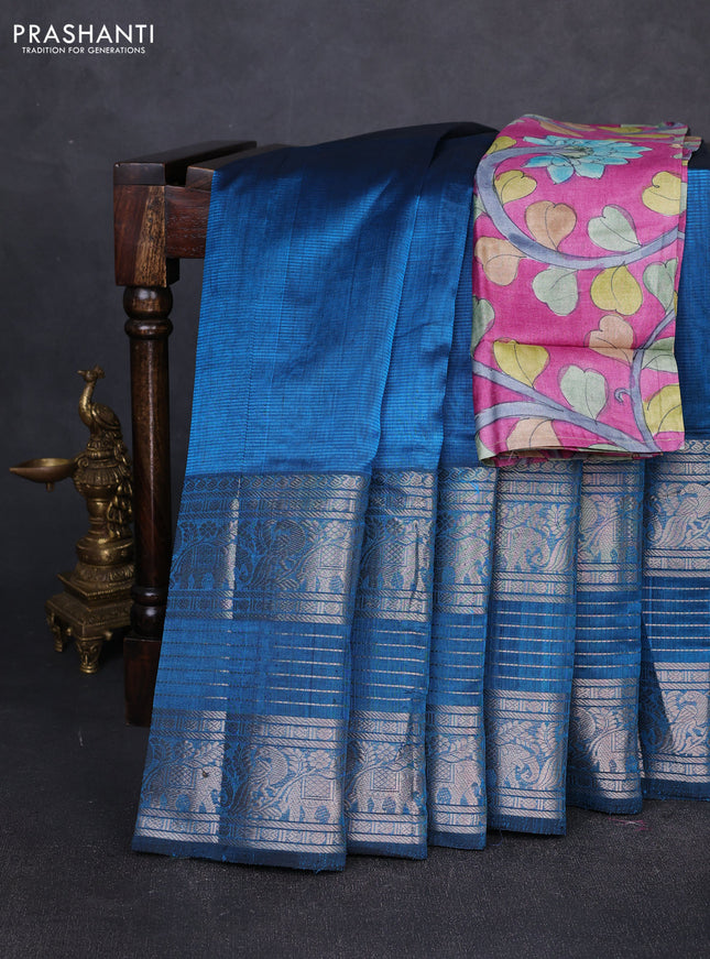 Mangalgiri silk cotton saree peacock blue and magenta pink with plain body and long silver zari woven border