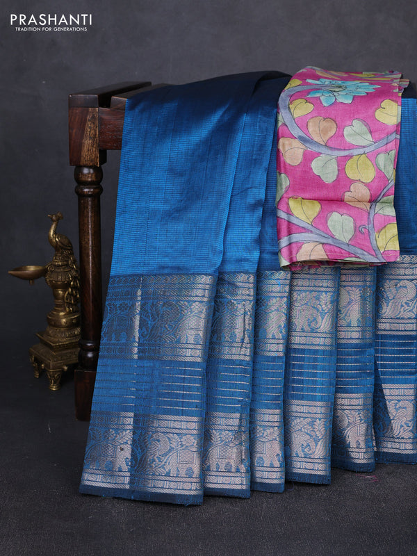 Mangalgiri silk cotton saree peacock blue and magenta pink with plain body and long silver zari woven border