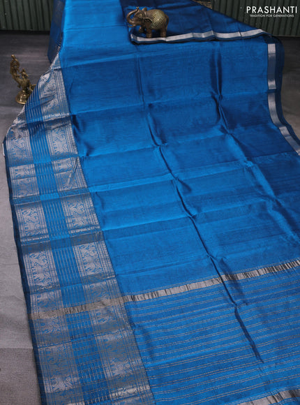 Mangalgiri silk cotton saree peacock blue and magenta pink with plain body and long silver zari woven border