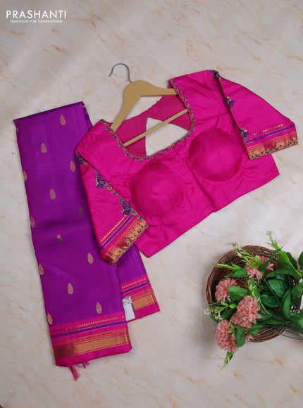 Pure kanchipuram silk saree purple and pink with zari woven buttas and zari woven border with Aari work blouse