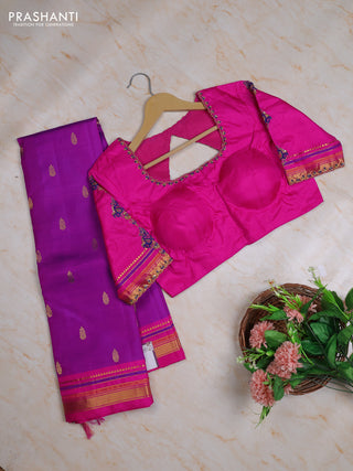 Pure kanchipuram silk saree purple and pink with zari woven buttas and zari woven border with Aari work blouse