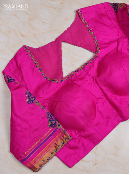 Pure kanchipuram silk saree purple and pink with zari woven buttas and zari woven border with Aari work blouse