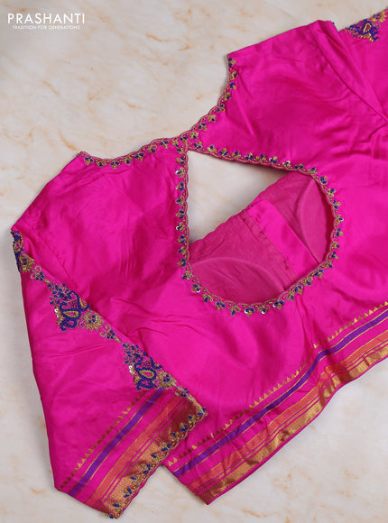 Pure kanchipuram silk saree purple and pink with zari woven buttas and zari woven border with Aari work blouse