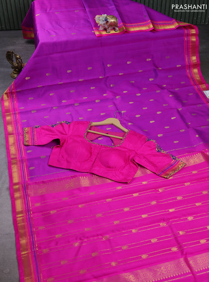 Pure kanchipuram silk saree purple and pink with zari woven buttas and zari woven border with Aari work blouse