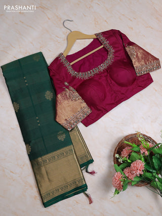 Pure kanchipuram silk saree green and wine shade with allover vairaosi pattern & zari woven buttas and zari woven border with Aari work blouse