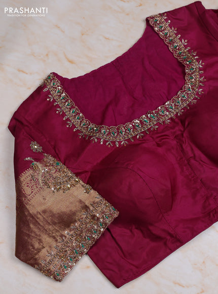 Pure kanchipuram silk saree green and wine shade with allover vairaosi pattern & zari woven buttas and zari woven border with Aari work blouse
