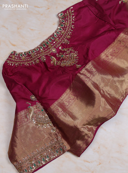 Pure kanchipuram silk saree green and wine shade with allover vairaosi pattern & zari woven buttas and zari woven border with Aari work blouse
