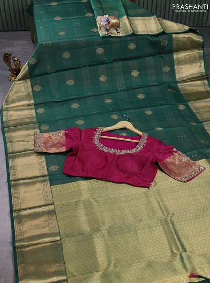 Pure kanchipuram silk saree green and wine shade with allover vairaosi pattern & zari woven buttas and zari woven border with Aari work blouse