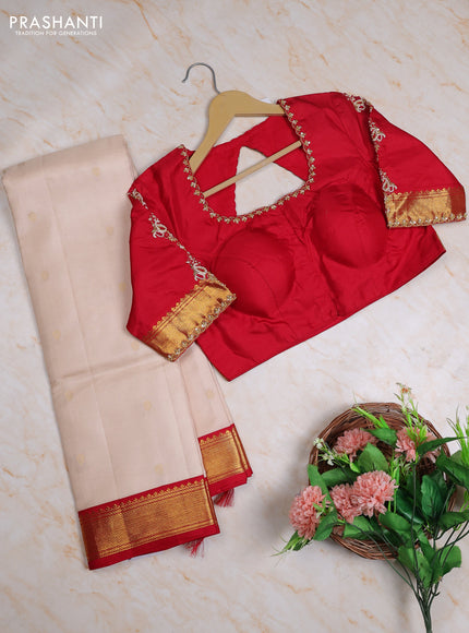 Pure kanchipuram silk saree cream and red with allover zari woven buttas and zari woven korvai border with Aari work blouse