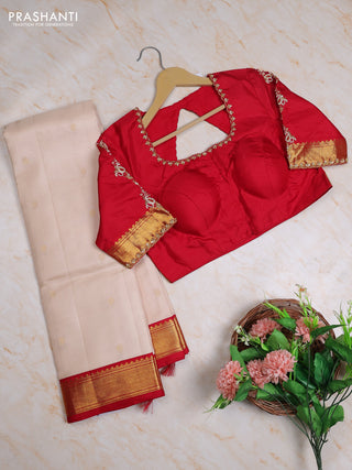 Pure kanchipuram silk saree cream and red with allover zari woven buttas and zari woven korvai border with Aari work blouse
