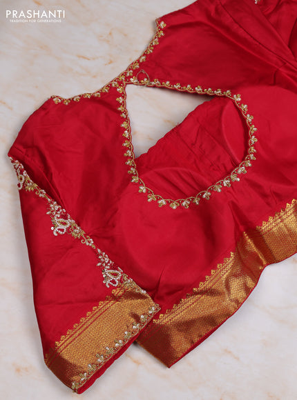 Pure kanchipuram silk saree cream and red with allover zari woven buttas and zari woven korvai border with Aari work blouse