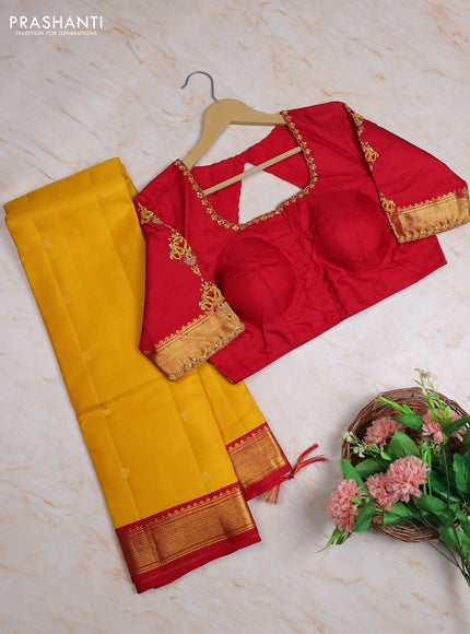 Pure kanchipuram silk saree yellow and red with zari woven buttas and zari woven korvai border with Aari work blouse
