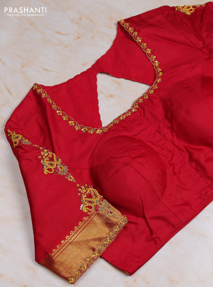 Pure kanchipuram silk saree yellow and red with zari woven buttas and zari woven korvai border with Aari work blouse