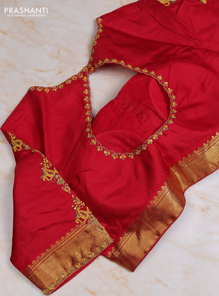 Pure kanchipuram silk saree yellow and red with zari woven buttas and zari woven korvai border with Aari work blouse
