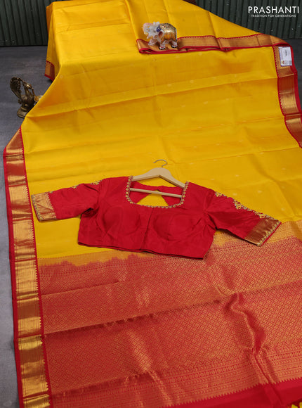 Pure kanchipuram silk saree yellow and red with zari woven buttas and zari woven korvai border with Aari work blouse