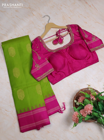 Pure kanchipuram silk saree light green and pink with zari woven buttas and temple design rettapet thread woven border with Aari work blouse