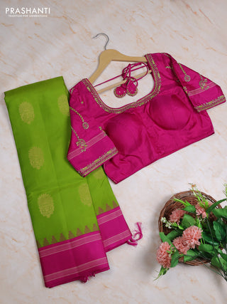 Pure kanchipuram silk saree light green and pink with zari woven buttas and temple design rettapet thread woven border with Aari work blouse