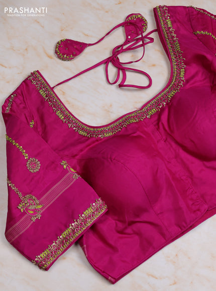 Pure kanchipuram silk saree light green and pink with zari woven buttas and temple design rettapet thread woven border with Aari work blouse