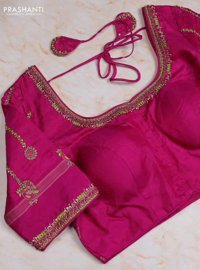 Pure kanchipuram silk saree light green and pink with zari woven buttas and temple design rettapet thread woven border with Aari work blouse
