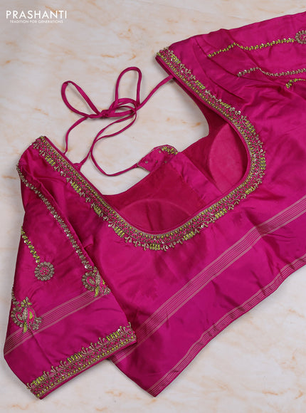 Pure kanchipuram silk saree light green and pink with zari woven buttas and temple design rettapet thread woven border with Aari work blouse