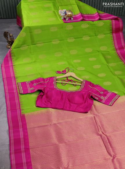 Pure kanchipuram silk saree light green and pink with zari woven buttas and temple design rettapet thread woven border with Aari work blouse