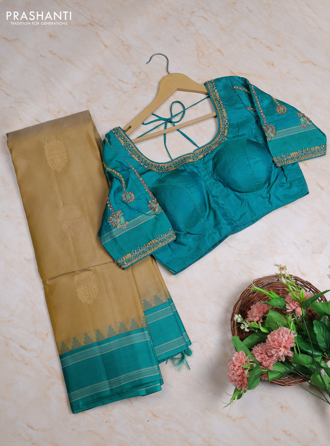Pure kanchipuram silk saree elaichi green and teal green with zari woven buttas and temple design rettapet thread woven border with Aari work blouse