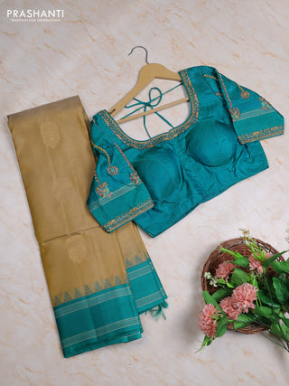 Pure kanchipuram silk saree elaichi green and teal green with zari woven buttas and temple design rettapet thread woven border with Aari work blouse