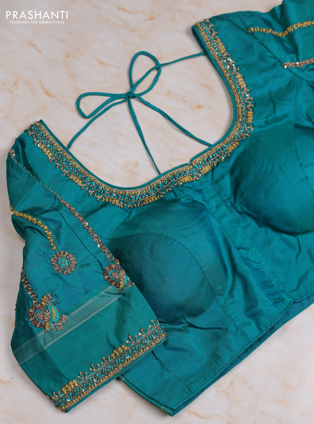 Pure kanchipuram silk saree elaichi green and teal green with zari woven buttas and temple design rettapet thread woven border with Aari work blouse