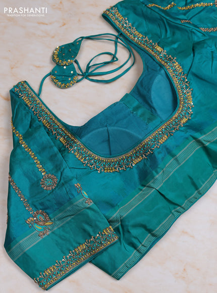 Pure kanchipuram silk saree elaichi green and teal green with zari woven buttas and temple design rettapet thread woven border with Aari work blouse