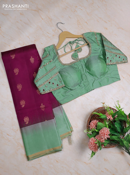 Pure kanchipuram silk saree purple and pastel green with allover zari woven buttas and simple zari woven border with Aari work blouse
