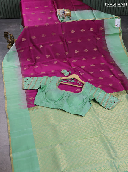Pure kanchipuram silk saree purple and pastel green with allover zari woven buttas and simple zari woven border with Aari work blouse