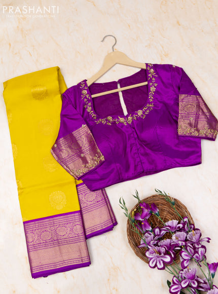 Pure kanchipuram silk saree yellow and purple with zari woven buttas and zari woven border with Aari work blouse