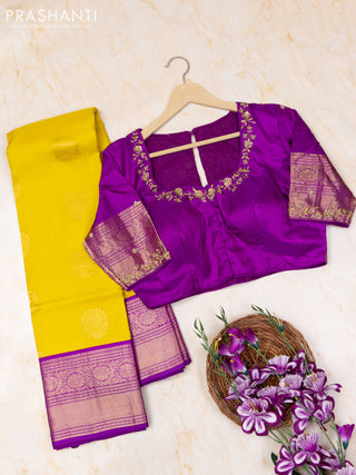 Pure kanchipuram silk saree yellow and purple with zari woven buttas and zari woven border with Aari work blouse